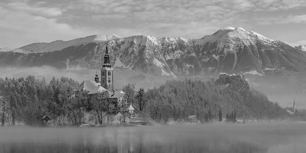 Stampa su tela – Chiesa sul lago Bled in Slovenia in bianco e nero