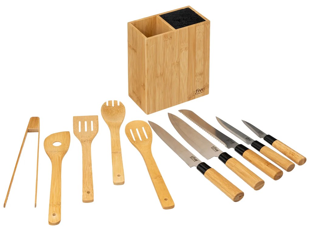 Set 5 coltelli e 5 utensili con ceppo in legno