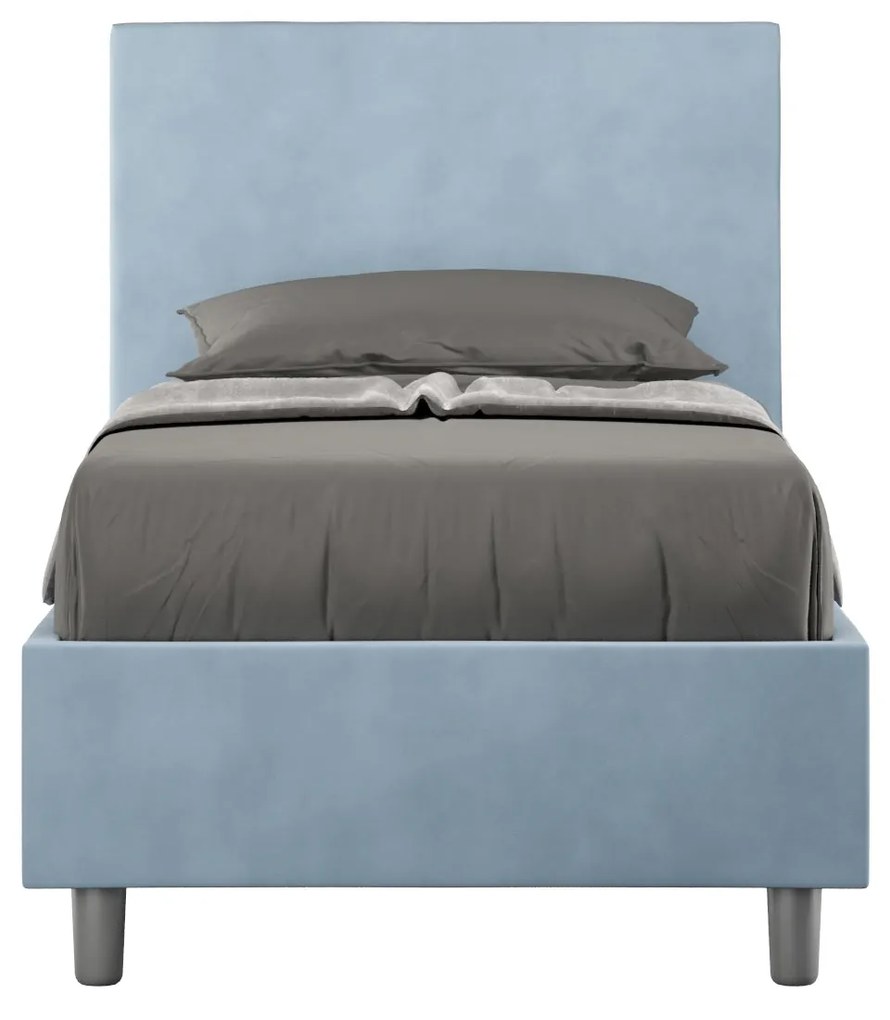 Letto singolo imbottito 80x200 microfibra Adele senza rete, con rete e contenitore, Azzurro / Contenitore