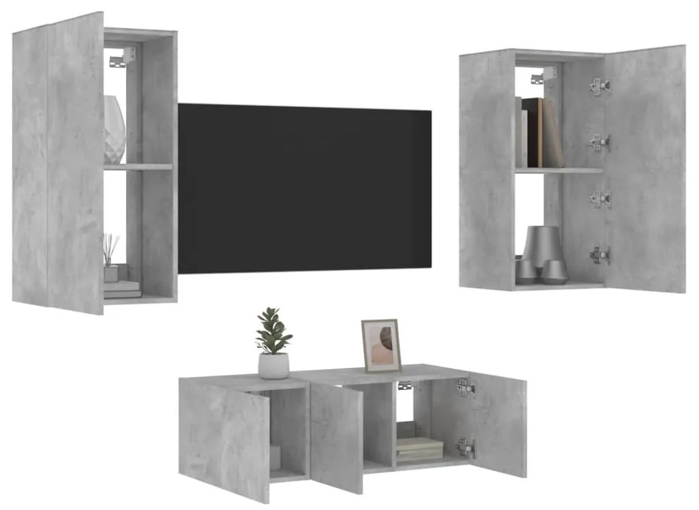 Mobili Tv A Muro Con Led 4pz Grigio Cemento Legno Multistrato /