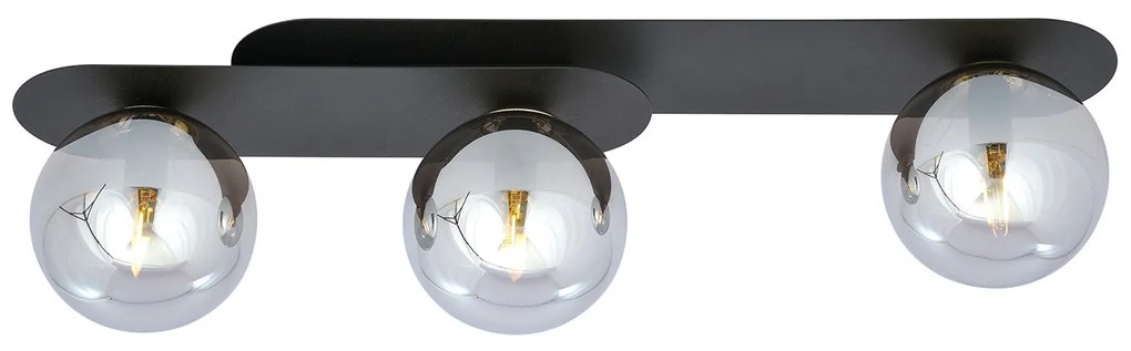 Plafoniera Minimal 3 Luci Teia In Acciaio Nero E Sfere Vetro Fumè