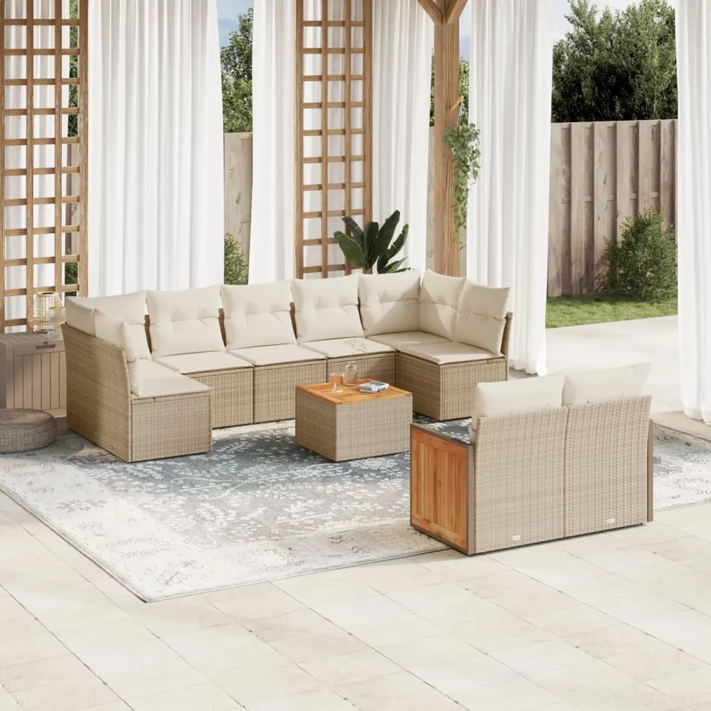 Set divano da giardino 10 pz con cuscini beige in polyrattan