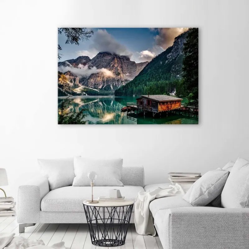 Stampa su tela Capanna al lago di montagna Dolomiti  Dimensioni 60x40