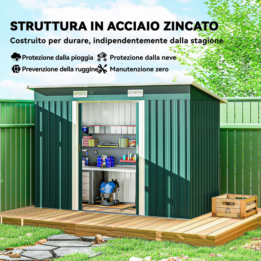 Casetta da Giardino 272x134 cm con Porte Scorrevoli Doppie e 2 Prese d'Aria in Acciaio Verde...