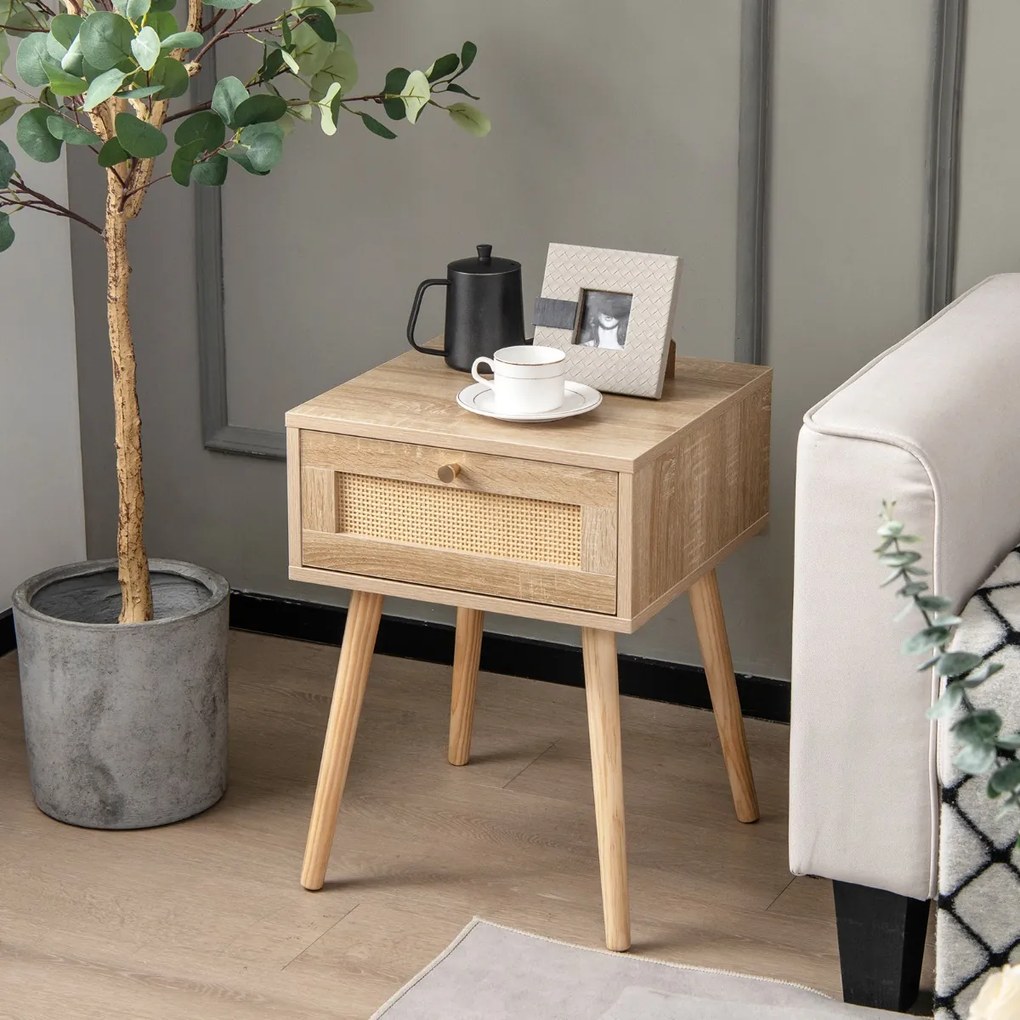 Costway Comodino in rattan con decorazione intrecciata a mano, Tavolino da letto boho in legno stile mid-century Naturale