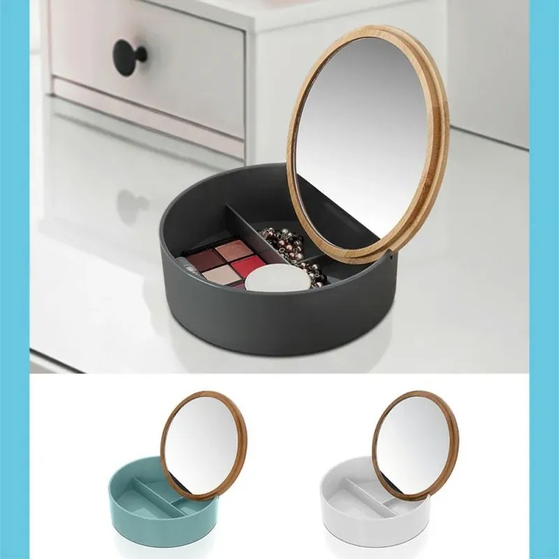 Porta trucchi da bagno tondo in plastica grigia e bamboo completo di specchio