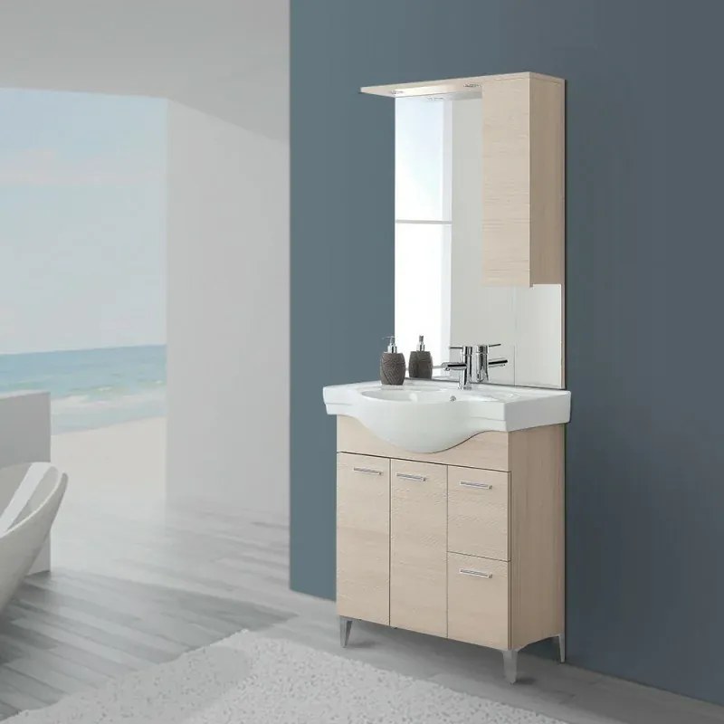 Mobile bagno a terra 85 cm larice con pensile su specchio LED Desya