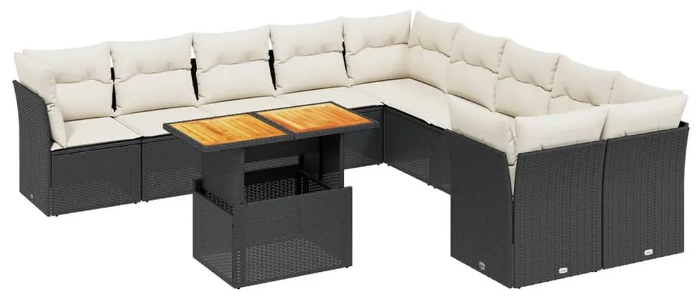 Set divani da giardino 11 pz con cuscini in polyrattan nero