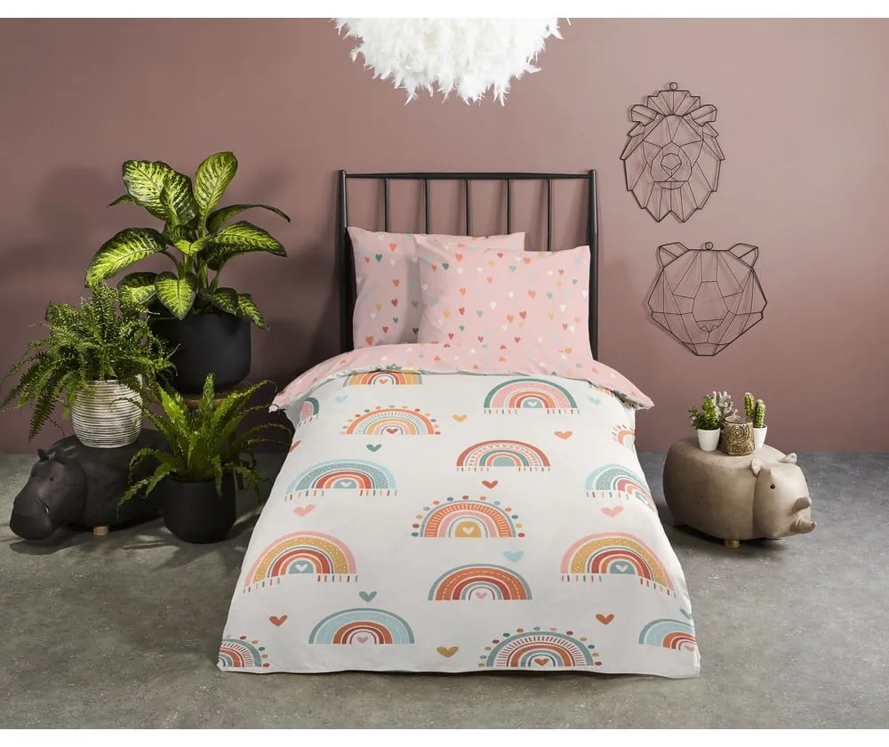 Set copripiumino e federa da bambini rosa/beige in cotone per letto singolo 140x200 cm Louie – Good Morning