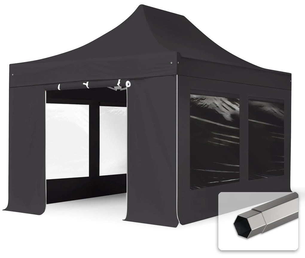 TOOLPORT 3x4,5 m gazebo pieghevole PVC ignifugo con laterali (finestre panoramiche), PREMIUM acciaio, nero - (600114)