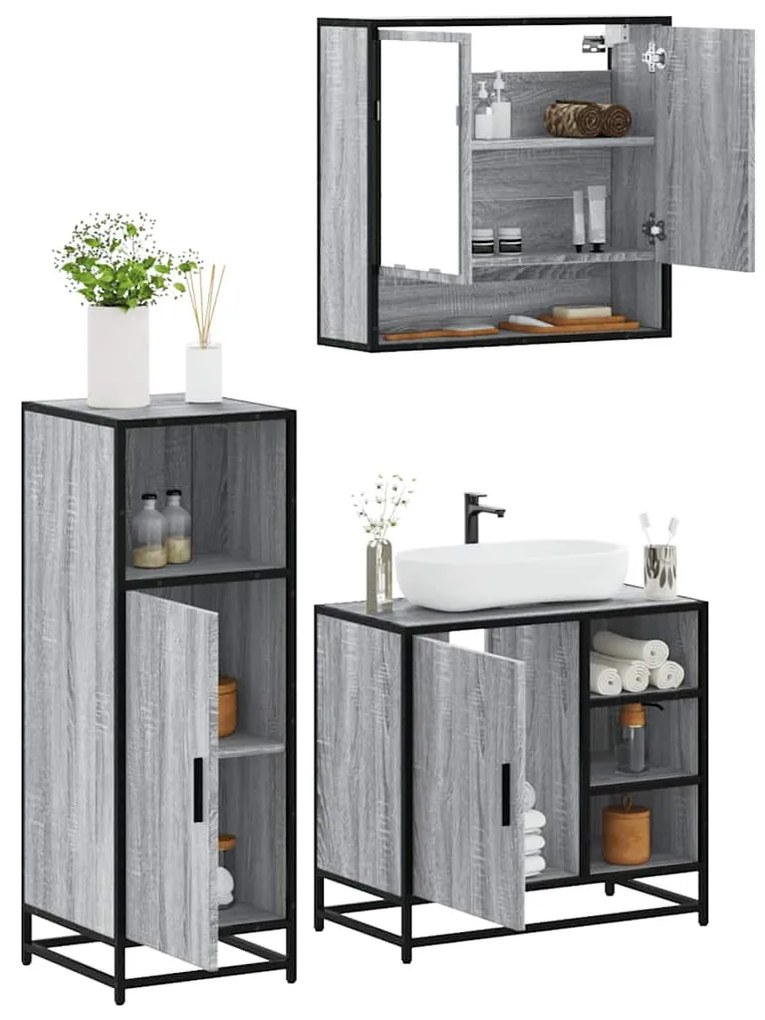 Set Mobili Da Bagno 3 Pz Grigio Sonoma İn Legno Multistrato /