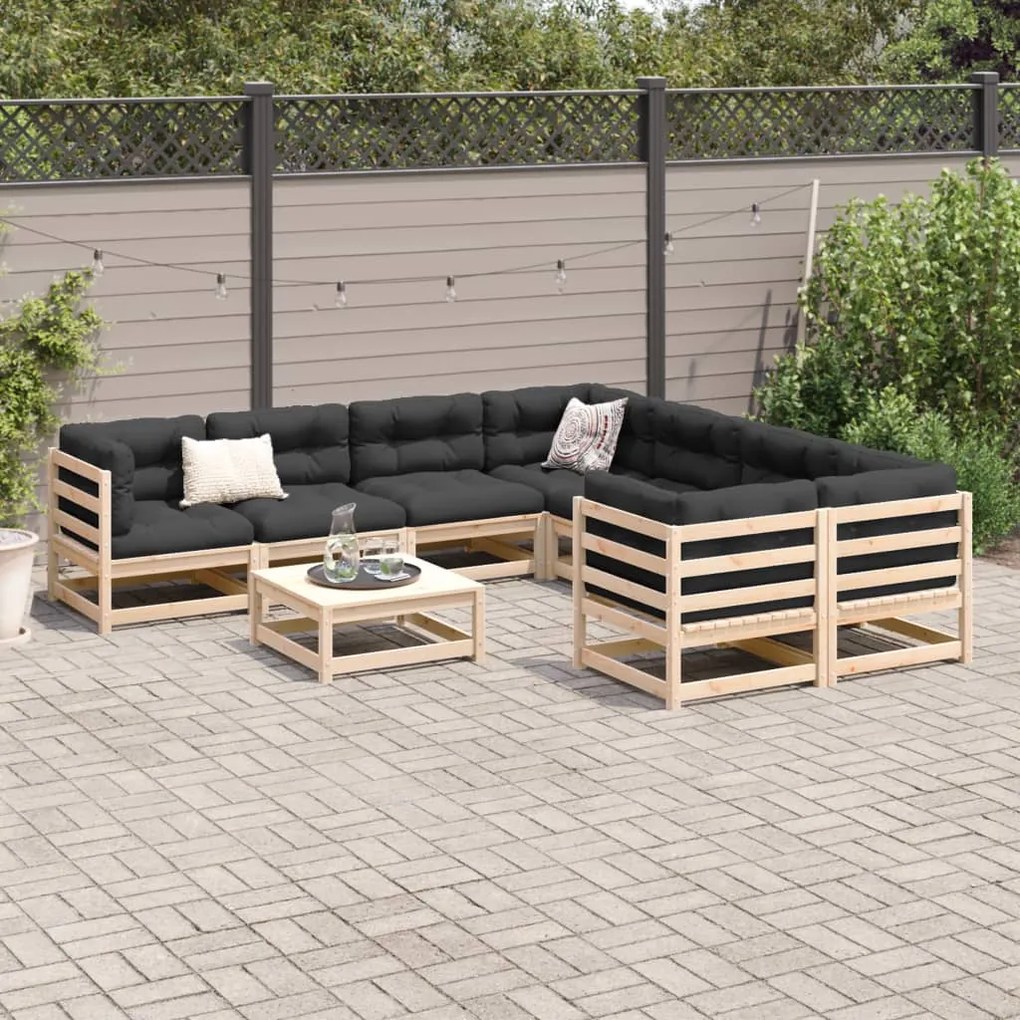 Set divani da giardino 9 pz con cuscini legno massello di pino