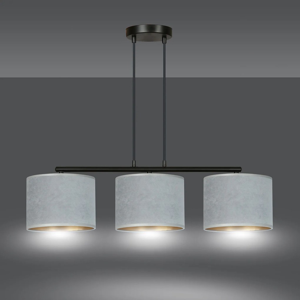 Lampadario 3 Luci Ganesha In Acciaio Nero E Paralumi In Tessuto Grigio