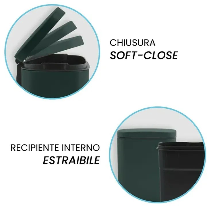 Set pattumiera 5lt a pedale e portascopino in acciaio verde scuro opaco Axin