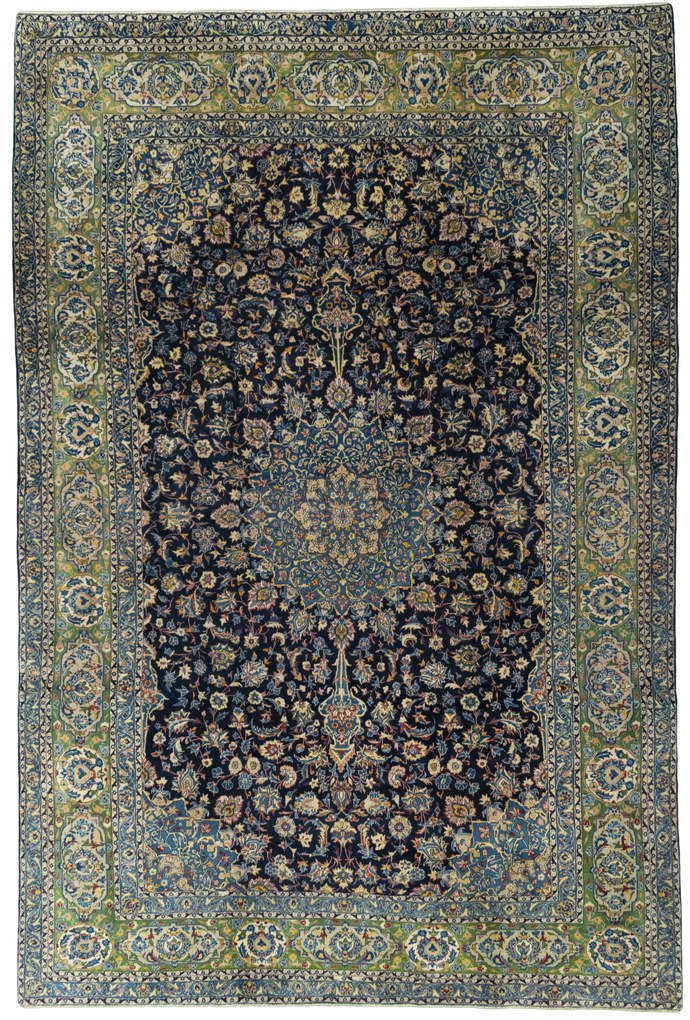 Kashan Tappeto 370x250 Blu (Iran) Annodato A Mano
