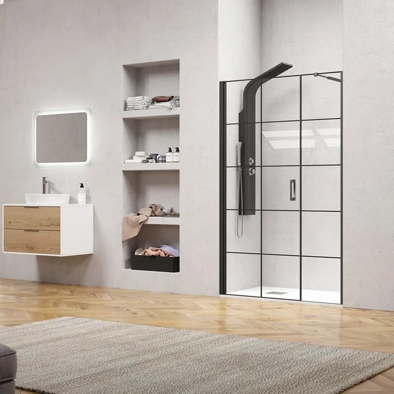 Porta doccia 111-114 cm telaio nero opaco vetro serigrafato | KAM-P5000 - KAMALU