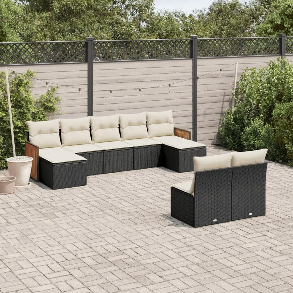 Set divani da giardino 9 pz con cuscini nero in polyrattan