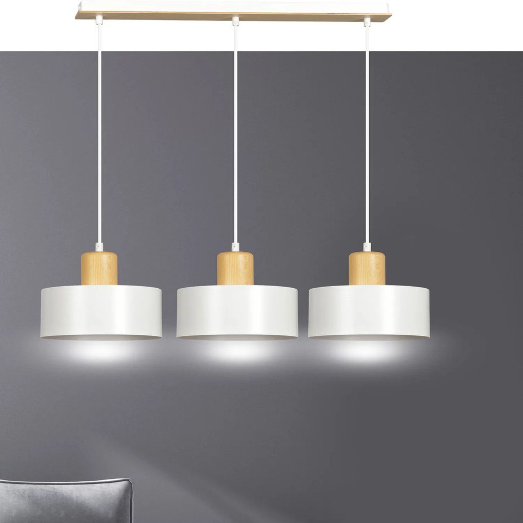 Sospensione Nordica 3 Luci Surya In Acciaio Bianco E Legno