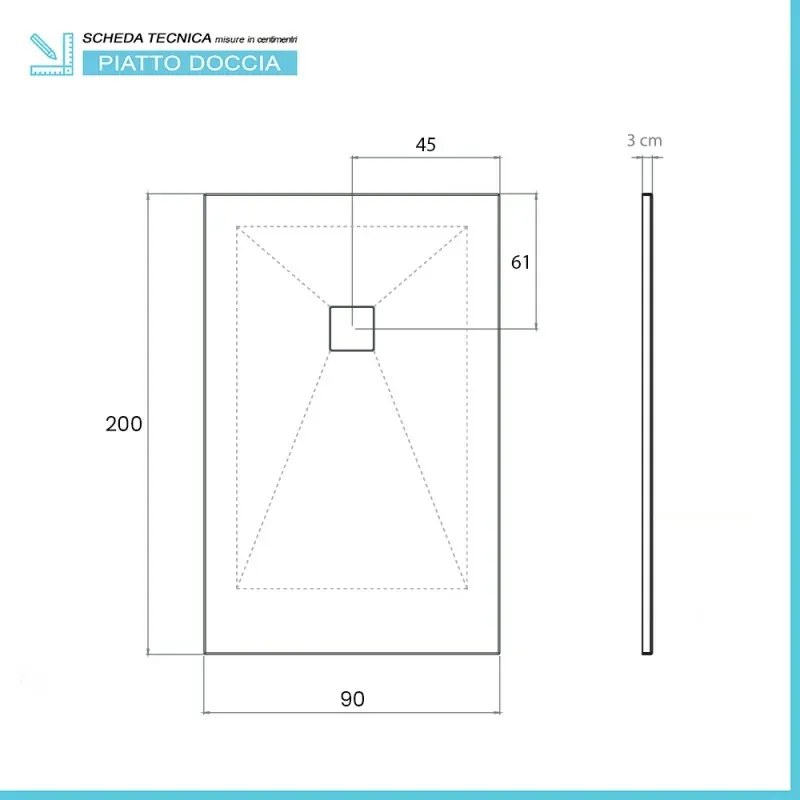 Piatto doccia 90x200 in marmoresina cemento con griglia in acciaio inox Harmony