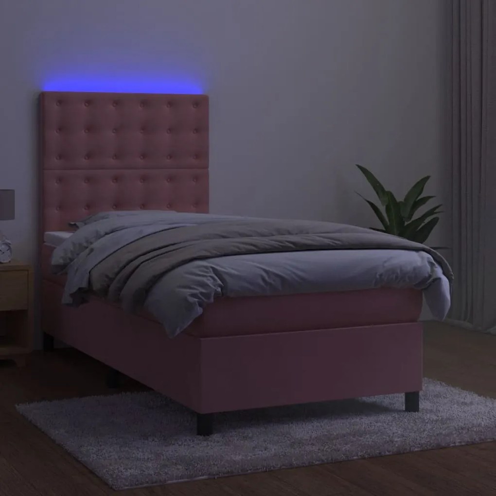 Letto a molle con materasso e led rosa 100x200 cm in velluto