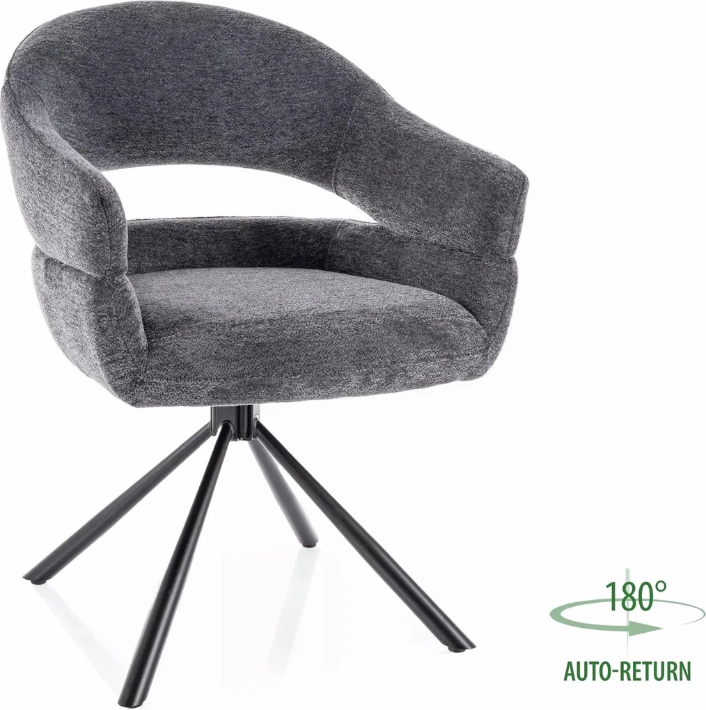 Sedia Borgo Raven in tessuto grigio scuro con struttura in metallo nero opaco e seduta girevole auto-return – 58x87 cm