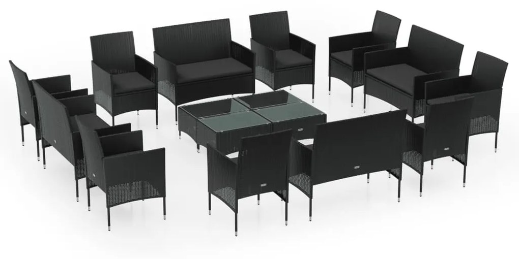 Set Divani da Giardino 16 pz con Cuscini in Polyrattan Nero