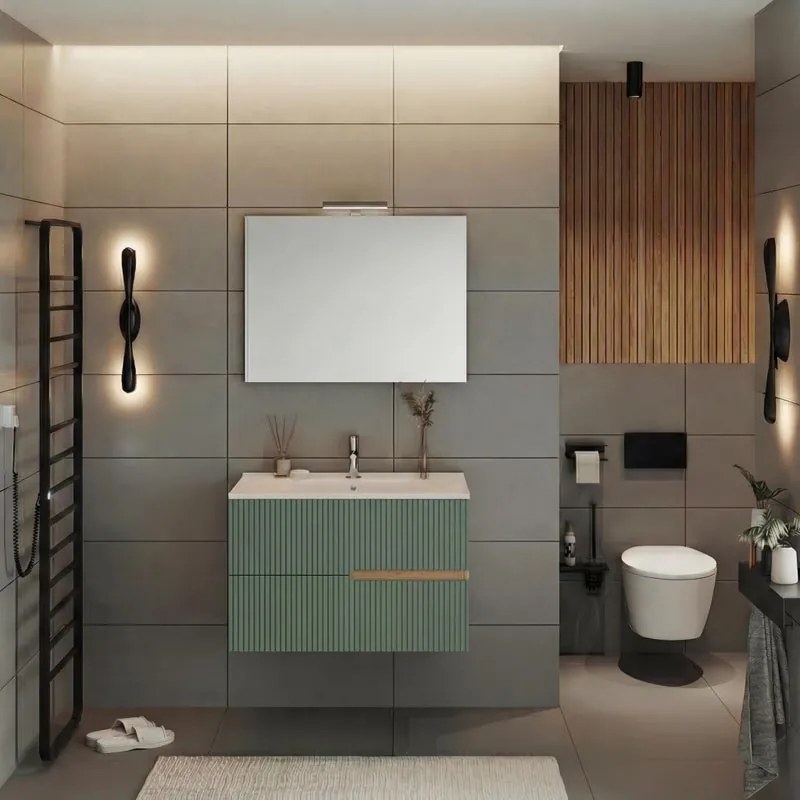 Mobile bagno Eva 80 cm, completo di lavabo in ceramica e specchio a filo con Led, 2 cassetti rovere naturale e verde salvia cannettato.