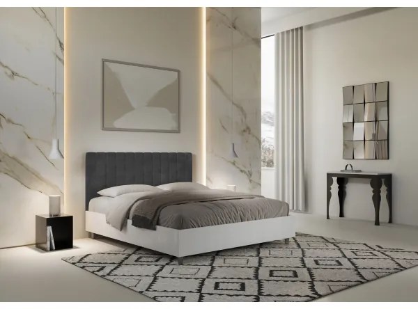Letto contenitore da 160x200 in legno bianco e testata in microfibra grigio Kaia