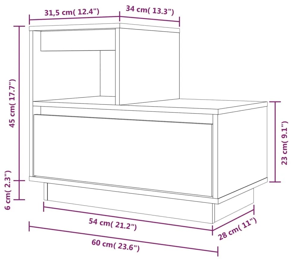 Comodino Bianco 60x34x51 cm in Legno Massello di Pino