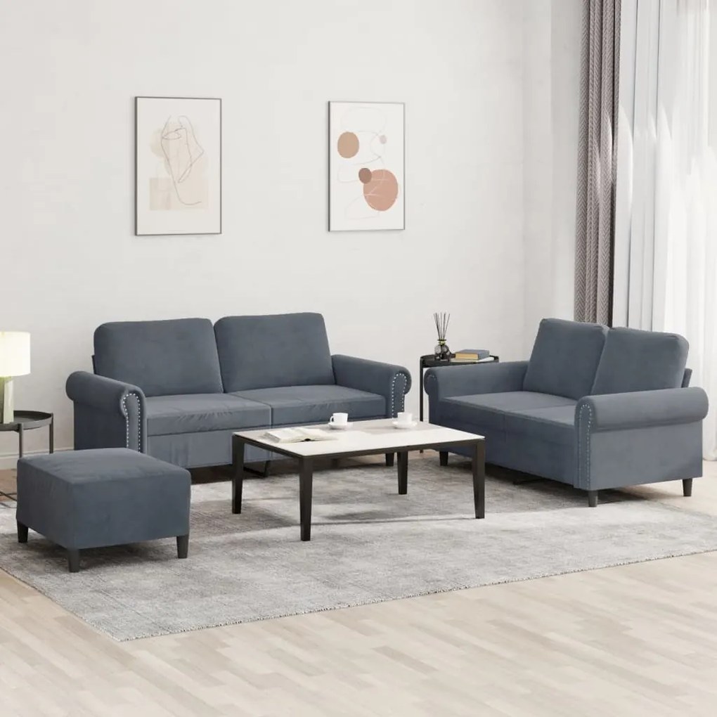 Set Di Divani 3 Pz Con Cuscini Grigio Scuro İn Velluto /