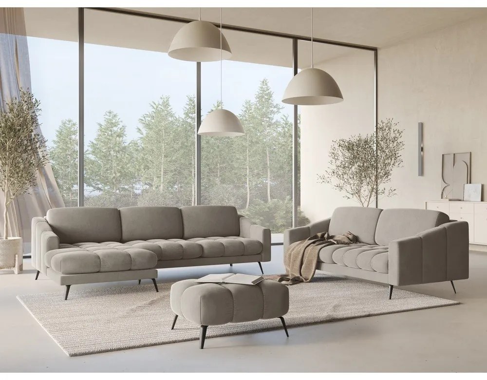 Divano angolare beige (con penisola a sinistra) con rivestimento in velluto Nalu – Makamii