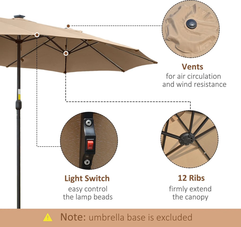 Ombrellone Doppio con Luci LED Ø4,5 m Palo Ø48 mm in Poliestere e Acciaio Cachi...