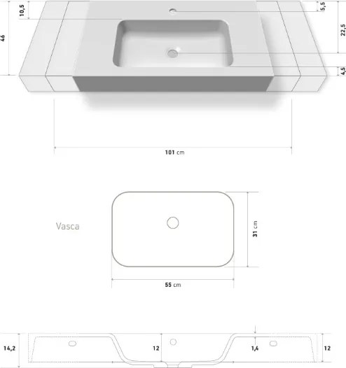 Lavabo sospeso mineralmarmo 100x46 cm bianco opaco design moderno