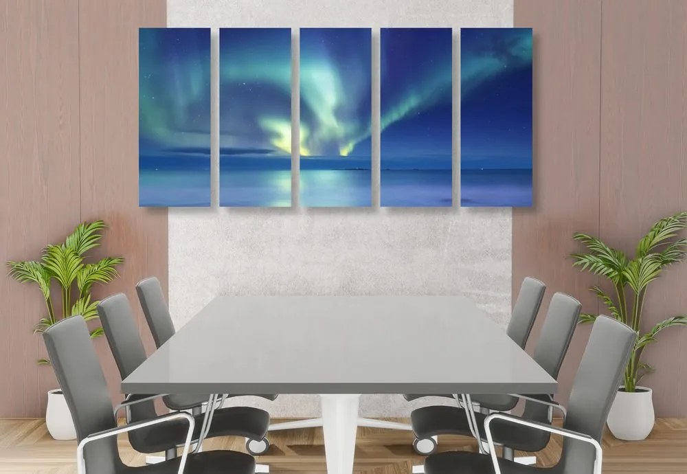 Quadri 5 pezzi – Aurora boreale sull'oceano