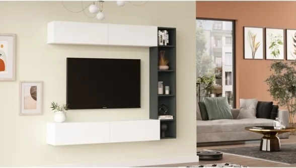 Mobile TV Sospeso Con Ripiani Laterali E Modulo Superiore Zen Bianco E Antracite