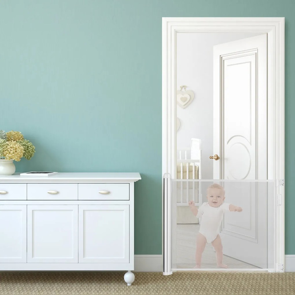 Costway Cancello retrattile a rete per bambini e animali, Barriera di sicurezza interno e esterno Bianco