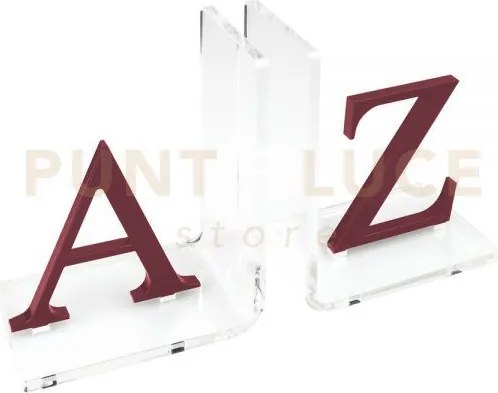 Reggilibro letters in cristallo acrilico trasparente e vinaccia