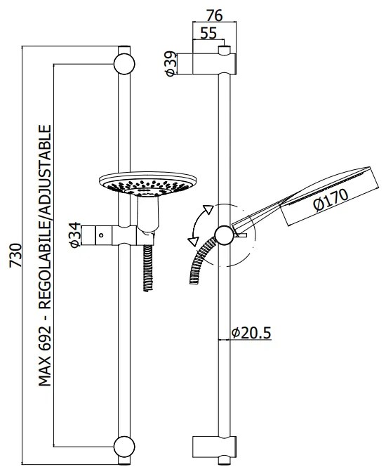 Paffoni Odeon asta doccia 73 cm con doccetta saliscendi supporto scorrevole Cromato