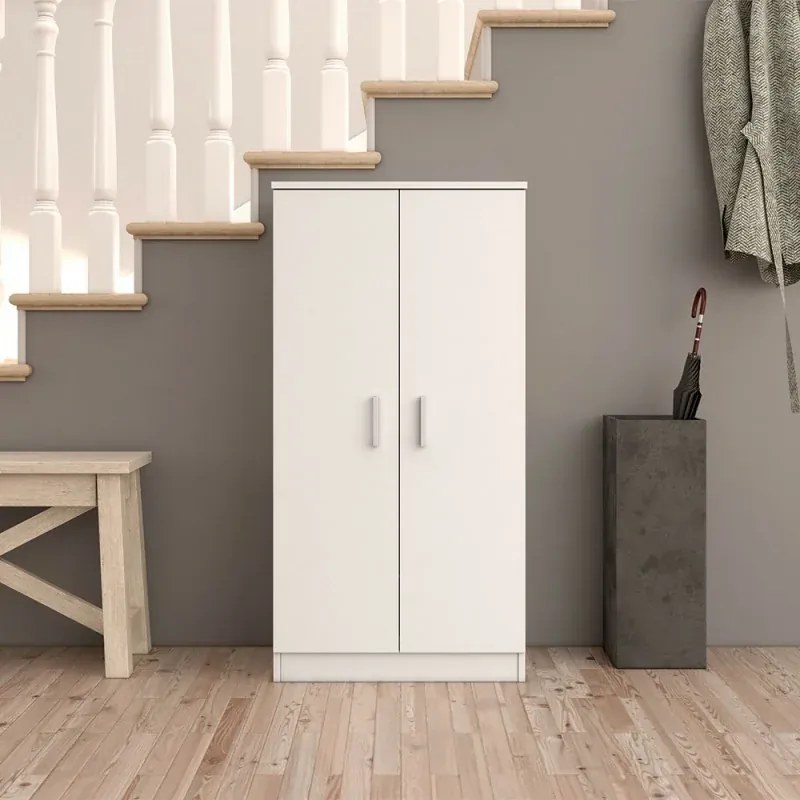 Mobile scarpiera H 108 cm bianco in legno con 2 ante e 6 ripiani