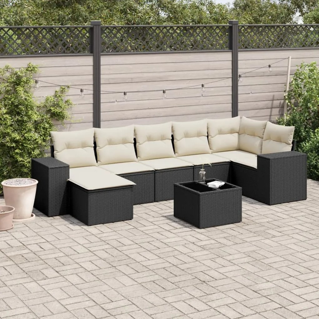 Set divani da giardino con cuscini 8 pz nero in polyrattan