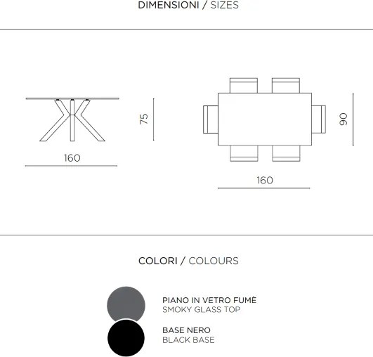 Tavolo da pranzo con piano in vetro Fumč e base in metallo 160x90 cm DANTE