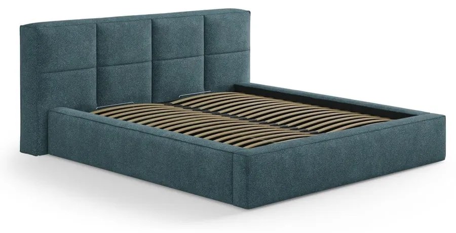 Letto matrimoniale imbottito blu con contenitore e rete inclusi 140x200 cm Simon – Micadoni