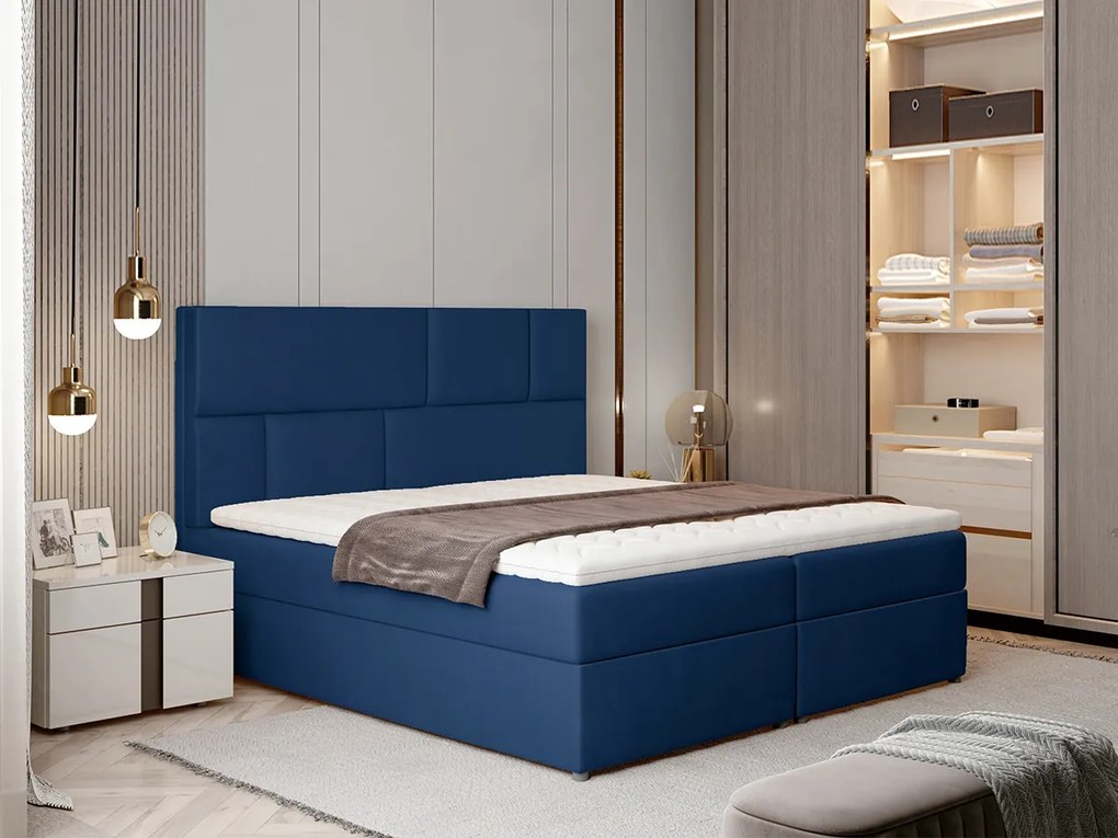 Letto matrimoniale boxspring Londra - 180 x 200 cm , Tessuto blu