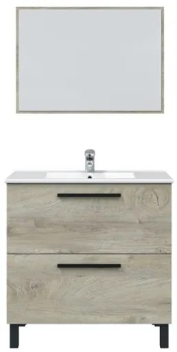 Mobile Bagno Completo Di Lavabo In Ceramica E Specchio Athena 80 Cm 2 Cassetti Rovere Alaska
