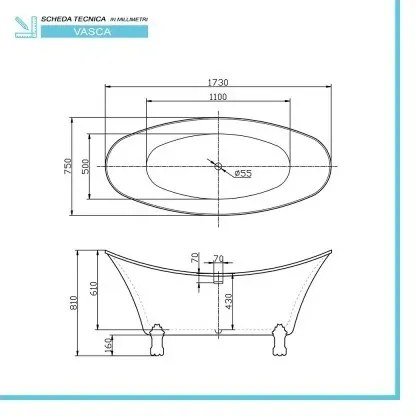 Vasca da bagno freestanding classica 173x75 Piedini cromo a zampa di leone regolabili Scarlett