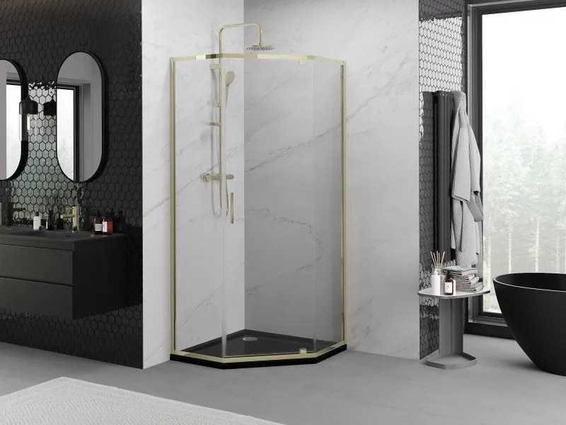 Mexen Exo-R cabina doccia pentagonale a battente 90 x 90 cm, trasparente, oro - 812-090-090-50-00