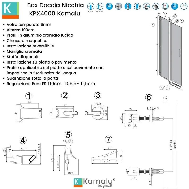 Kamalu - doccia 130cm con anta battente + 2 fissi laterali kpx6000