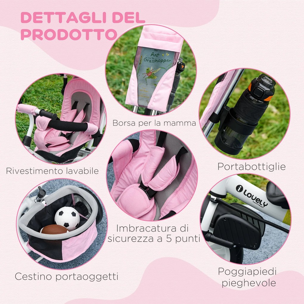 Triciclo per Bambini 1-5 Anni 102x49x102 cm con Maniglione e Tettuccio Regolabile Bianco e Rosa...