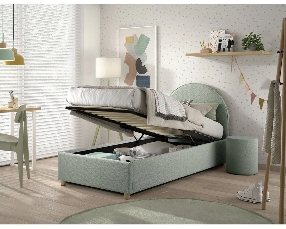 Letto singolo imbottito verde con contenitore con rete inclusa 90x200 cm Moon – Vipack