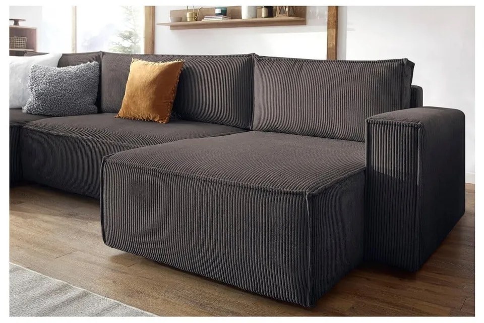 Divano angolare grigio tortora allungabile (a U) con rivestimento in velluto a coste Nihad – Bobochic Paris